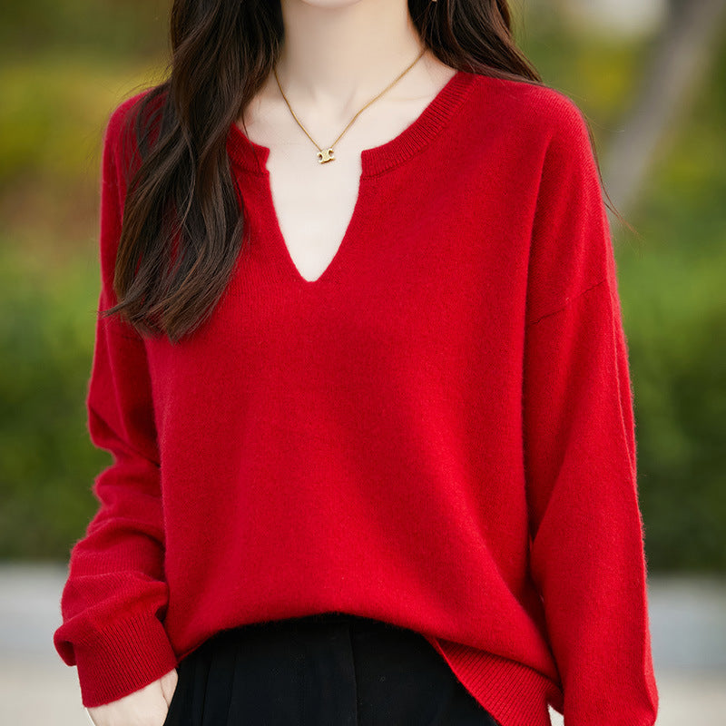 Women's Wool Sweater V-neck Drop-shoulder Pullover