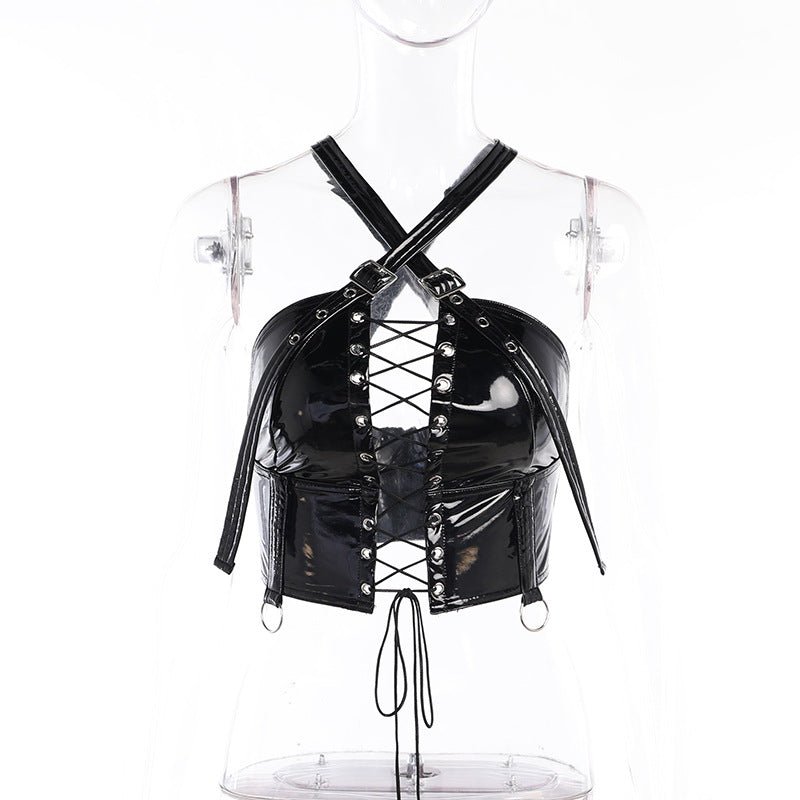 Women's Dark Style PU Hot Girl Fashion Tight Strap Suspender Top