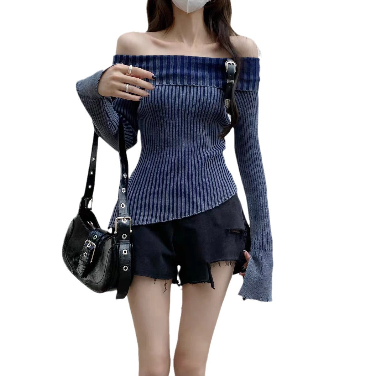 French Retro Ins Lapel Elegant Knitwear Women's Off-shoulder Buckle Distressed Split Flare Sleeve