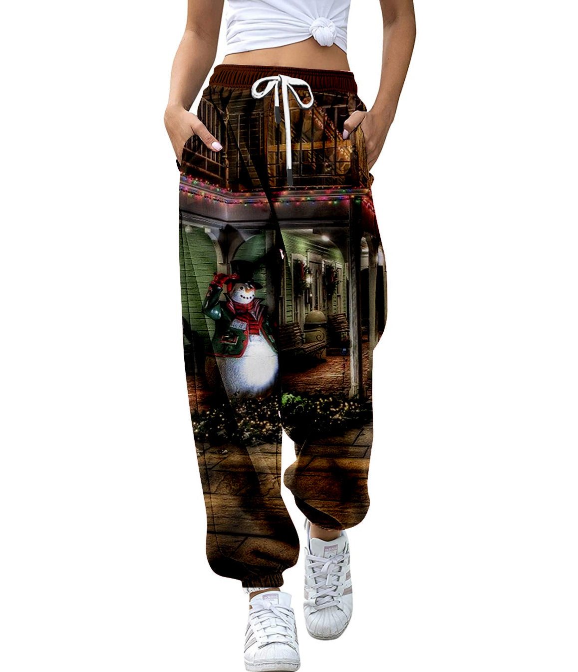 European And American Christmas High Waist Loose 3d Printed Casual Drawstring Women's Sports Casual Pants