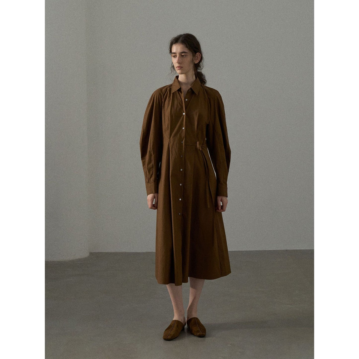 Cotton Brushed Three-dimensional Curved Sleeve Fitted Waist Shirt Dress Women