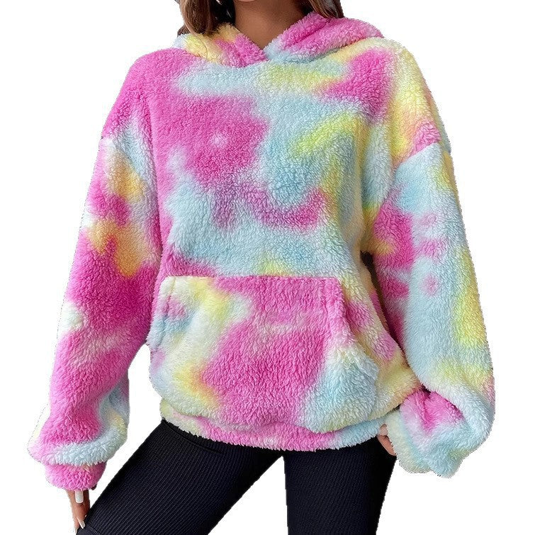 Alsidig tie-dye-farvet hættetrøje med lomme og plysfor