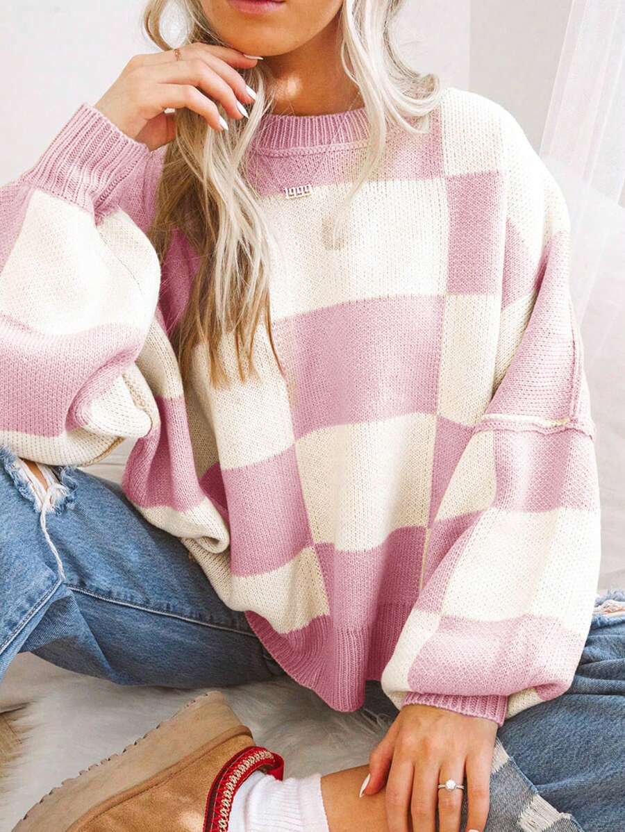 Contrast Color Checkerboard Loose And Lazy Style Stitching Sweater