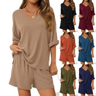 Womens Casual Commuter Two-Piece Set Short-Sleeve T-Shirt And Cropped Shorts