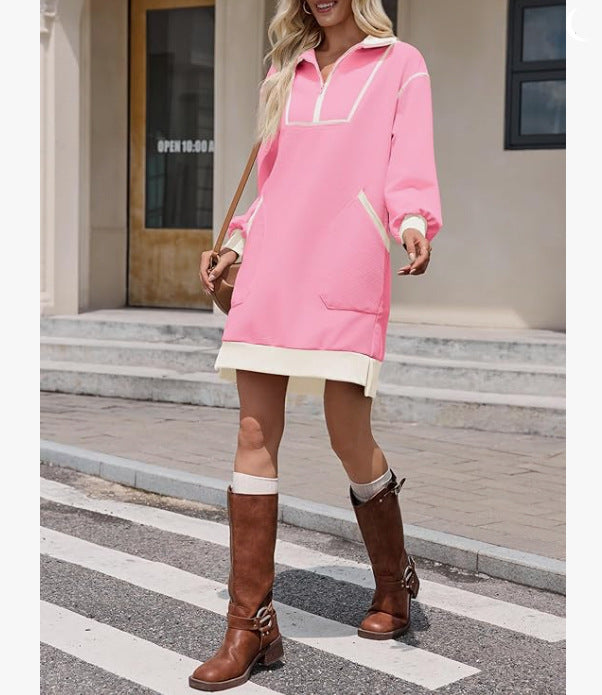 Sports Style Half Zip V Neck Long Sleeve Color Block Loose Dress