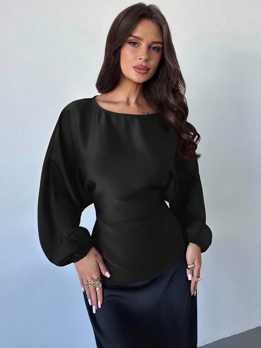 Casual Round Neck Lace-up Waist Shirt For Women