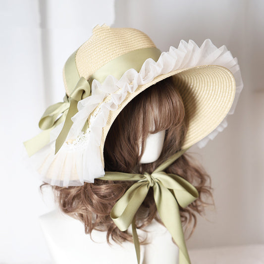 Straw Hat Women's Big Brim Lace Shade Pastoral Bow Ribbon
