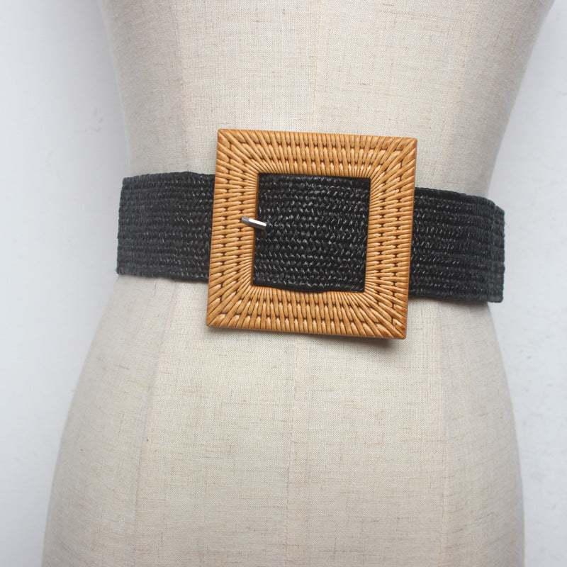 Ladies Fashion Wax Rope Braided Square Buckle Posey Wide Belt