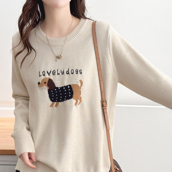 Cartoon Puppy Jacquard Crew-Neck Pullover Sweater For Women Soft Cozy And Warm Knitted Base Layer Top