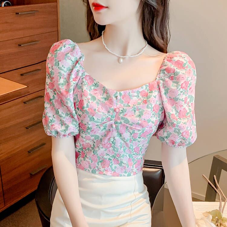 French Floral Short-sleeved Shirt Women's Sweet Puff Sleeves