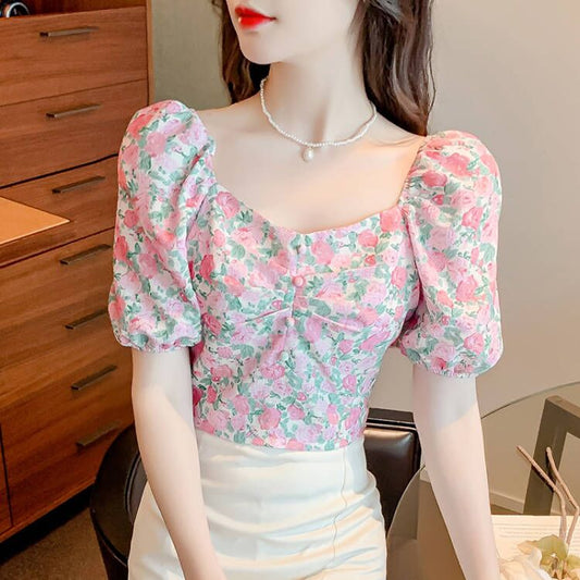 French Floral Short-sleeved Shirt Women's Sweet Puff Sleeves