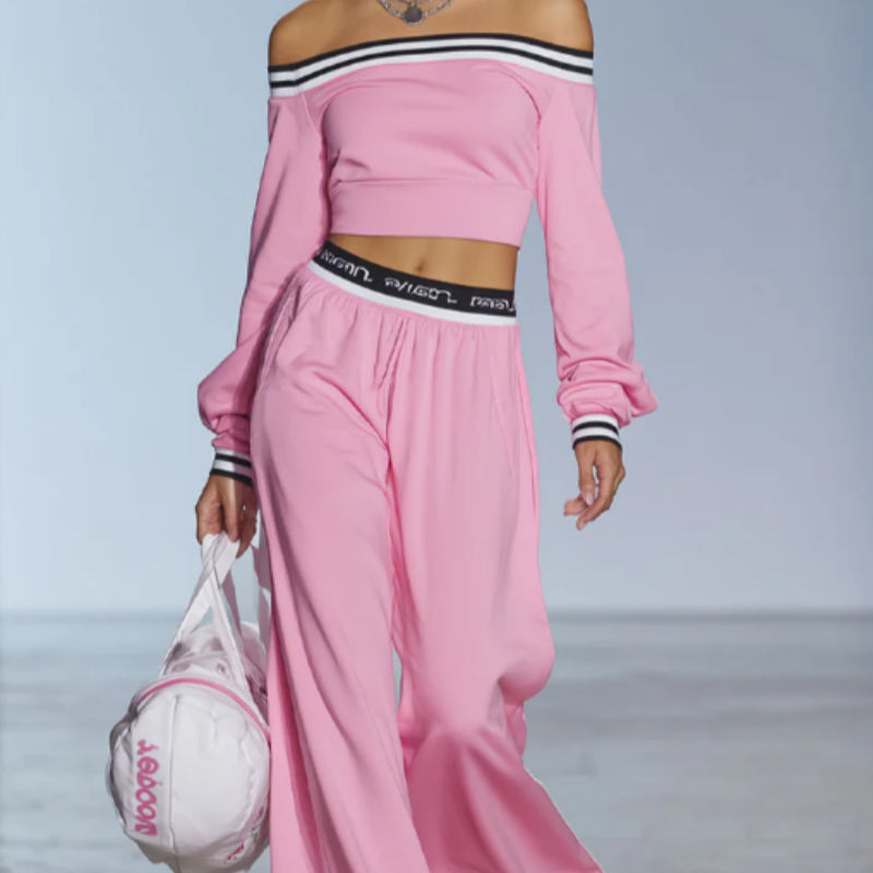 Sporty Style Boat Neck Long Sleeved Top And Wide Leg Pants Set