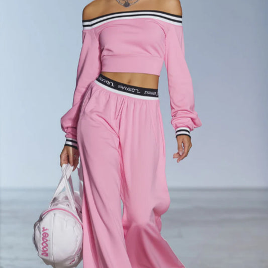 Sporty Style Boat Neck Long Sleeved Top And Wide Leg Pants Set