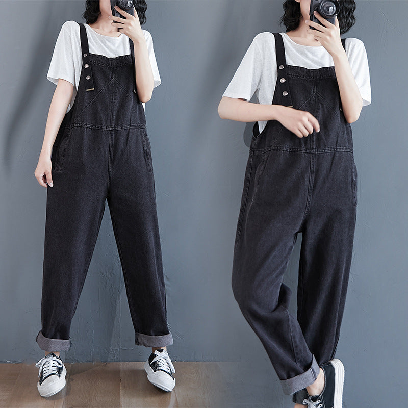 Oversized Loose Pocket Casual Denim One Piece Bib Trousers