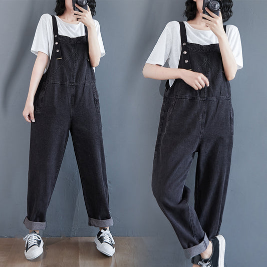 Oversized Loose Pocket Casual Denim One Piece Bib Trousers