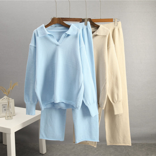 European And American-style Solid-color Lapel Sweater Set For Women, FallWinter