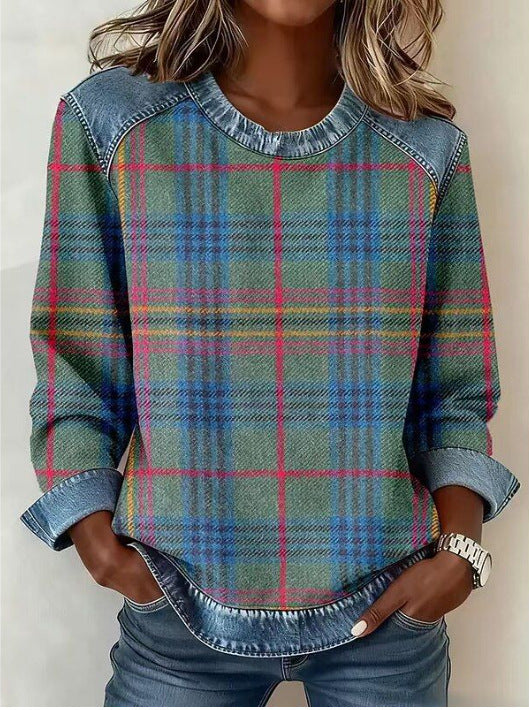 Womens Retro Crew-Neck Long-Sleeve Sweatshirt Top
