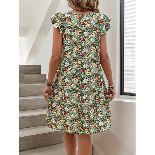 Women's Elegant Printed Short-Sleeve Crew-Neck Dress