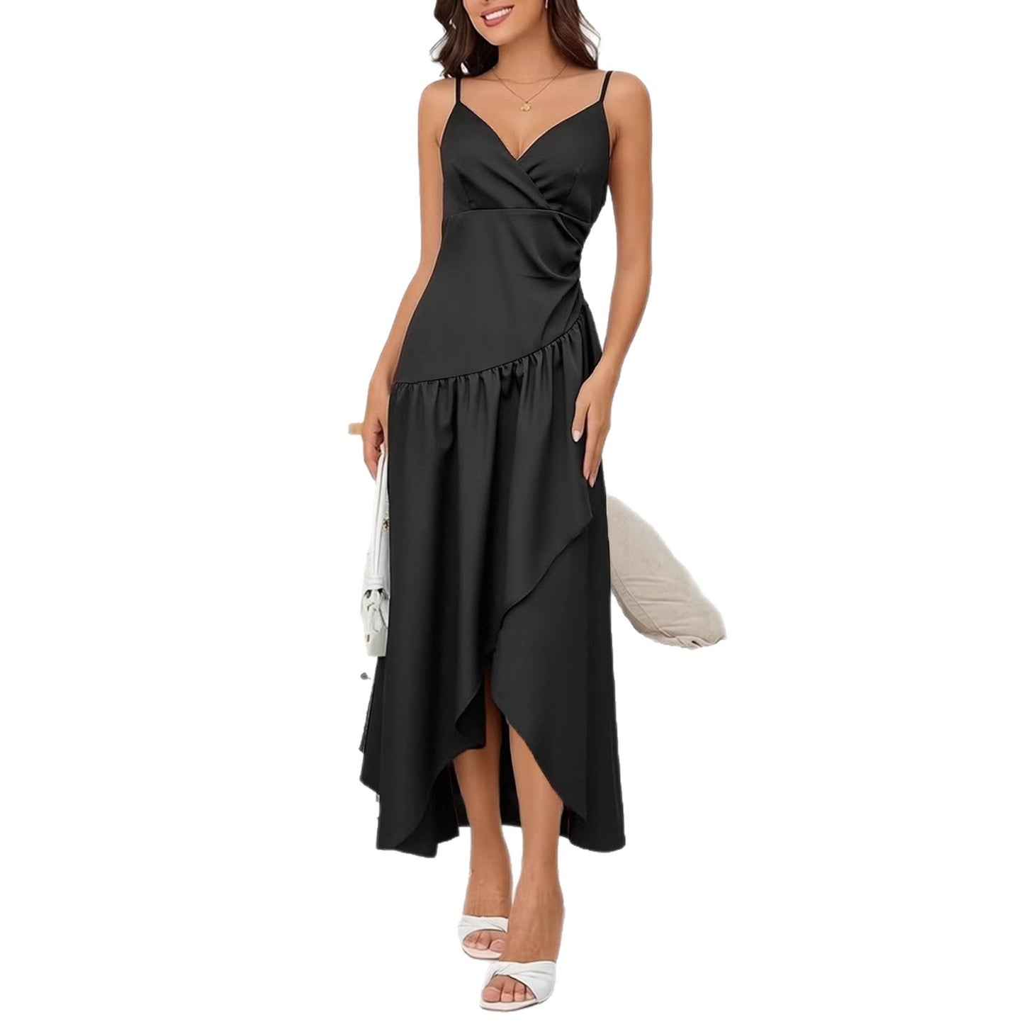 Casual Stylish And Chic Solid-color Asymmetrical Long Slip Dress