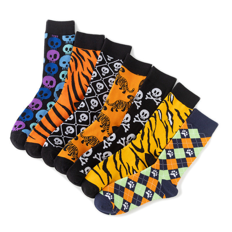 Animal Colorful Skull Print Cotton Middle Tube Socks