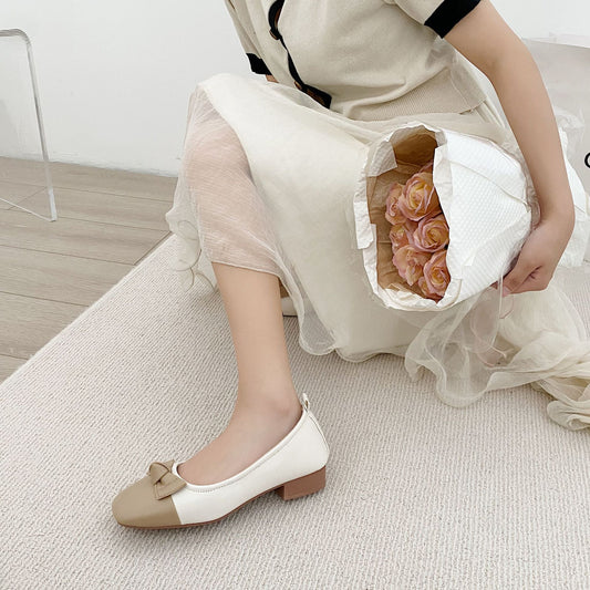 Bow Knot Sweet Colorblock Chunky Heel Slip-on Shoes