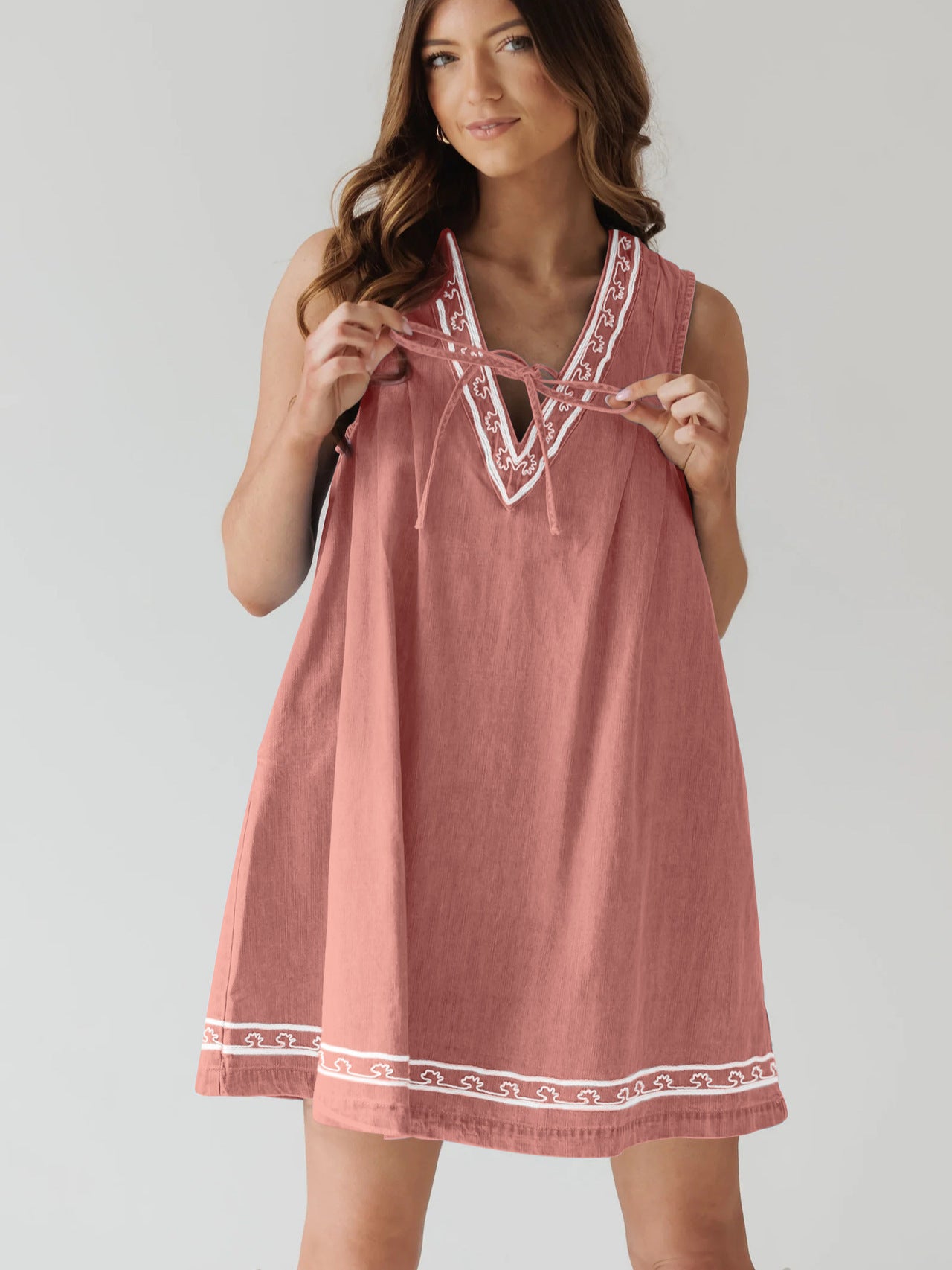 V-neck Sleeveless Embroidered Denim Vest Dress