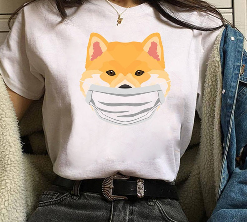 Cute Shiba Inu Print Men And Women Couple T-shirt Bottoming