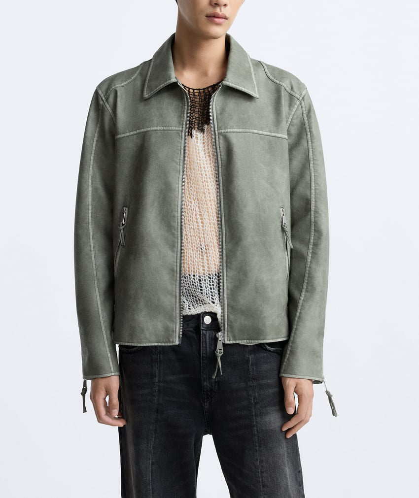New Men's Zipper Distressed Retro Washed Imitation Leather Jacket Coat