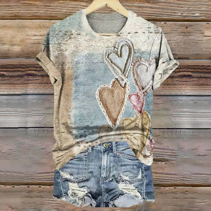 LOVE Personality Patch Pattern Round Neck Short Sleeve