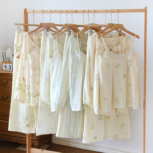 New Cotton Crepe Three-piece Pajamas Women's Homewear Suit
