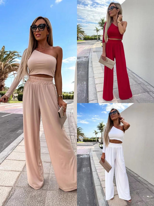 Solid Color One Shoulder Long Sleeve Pants Casual Suit Women