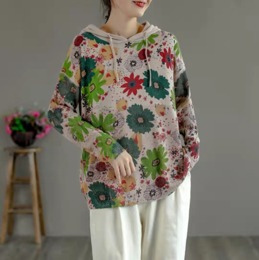 Vintage Slouchy Print Hooded Sweatshirt