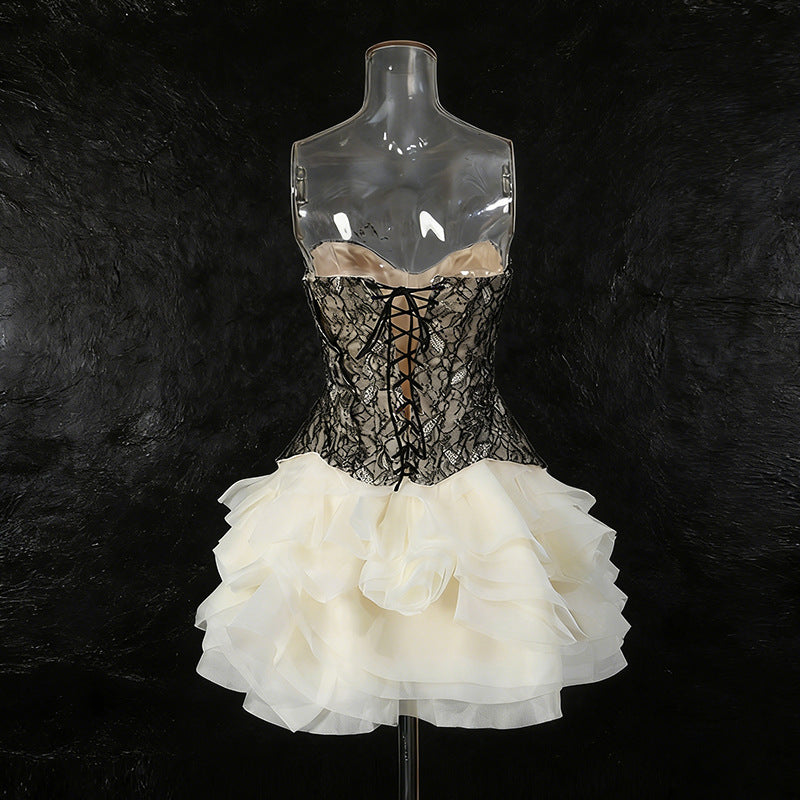 Heavy-embellished Tube Top Solid-color Bubble Skirt For Women
