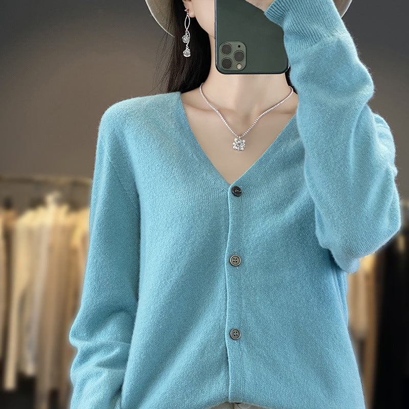Women's V-neck Seamless Front Line Ready-made Garments Wool Cardigan