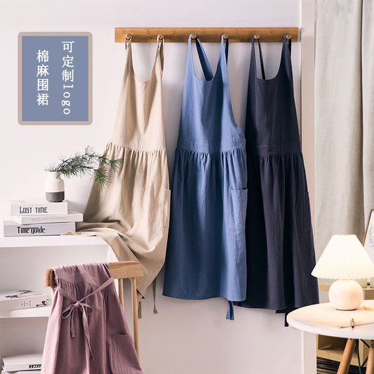 Household Cotton Linen Round-neck Apron Japanese And Korean Style Artistic