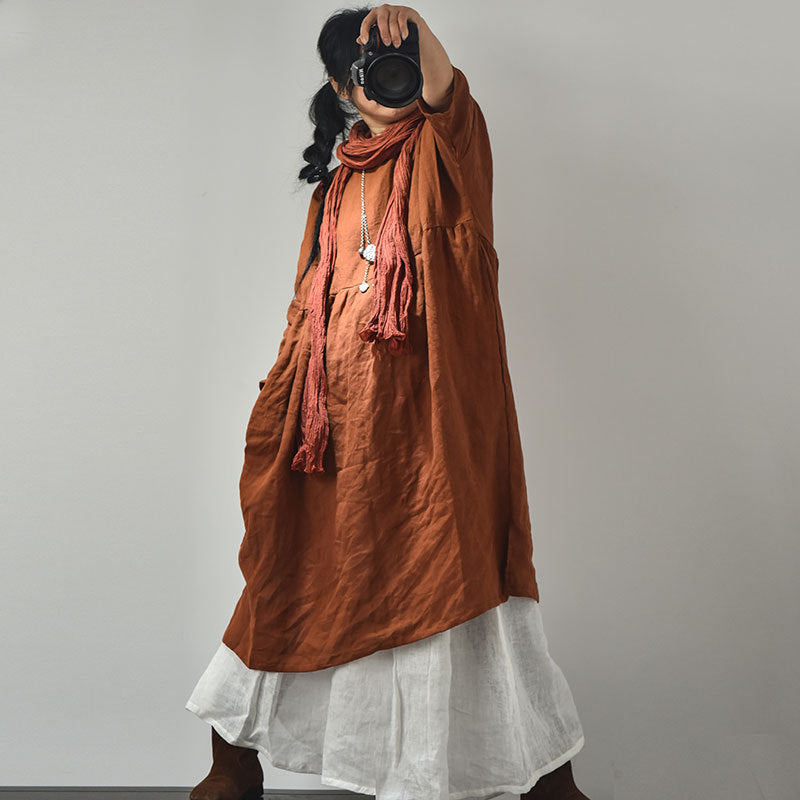 Original Linen Round Neck Embroidery Thread 34 Sleeve Swing Dress