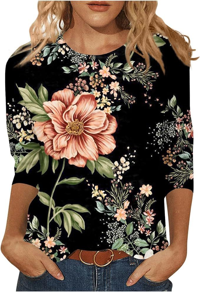 Women's Top Three-quarter Sleeve Summer Ethnic Floral Slim Fit Cute Top Round Neck Slim Fit Printed T-shirt
