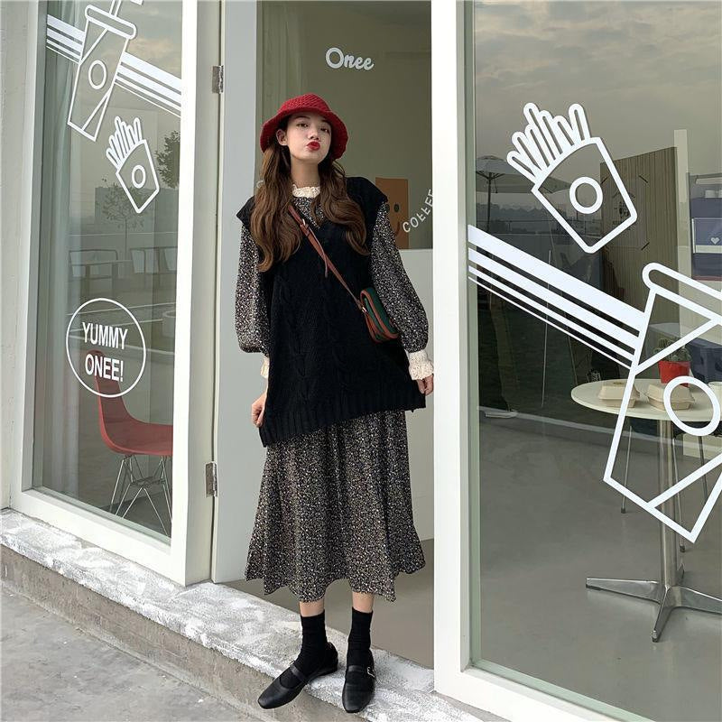 Fragmented Flower Dress Long Sleeve Spring Autumn Winter