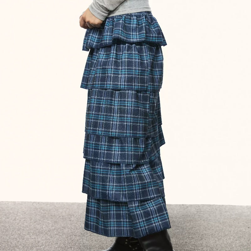 Retro Blue Plaid Cake Dress Women's Summer