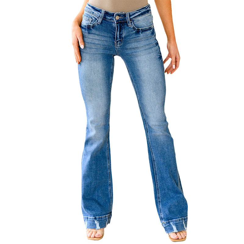 Højtaljede lyse jeans, casual, enkle, trompetbukser til kvinder