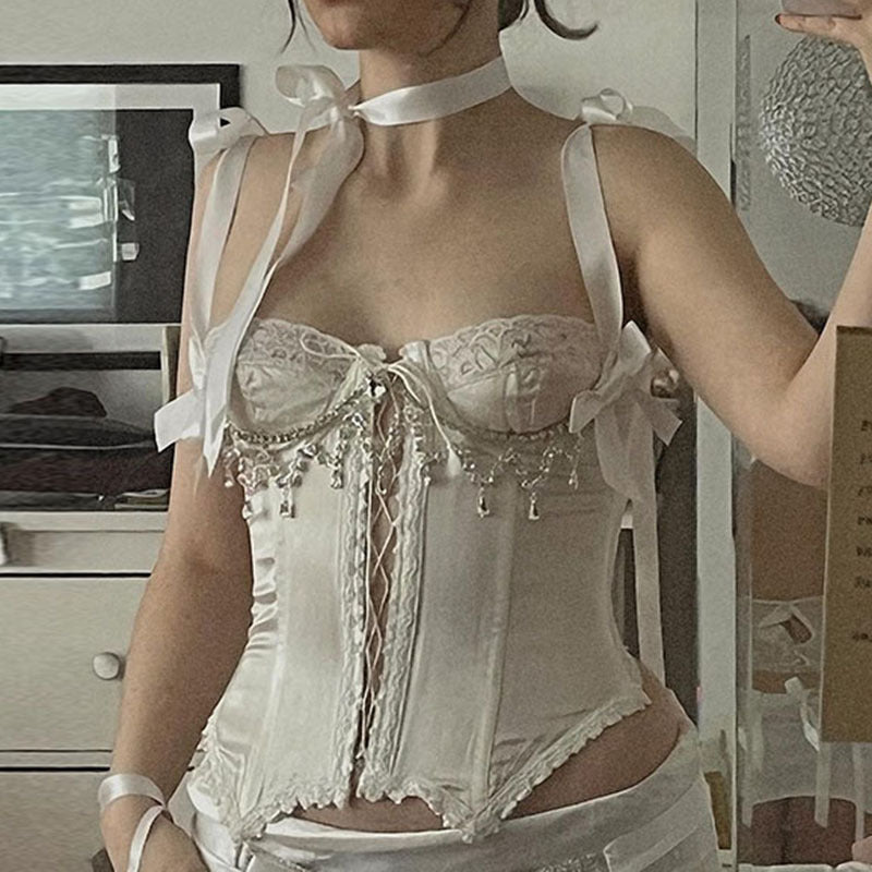 Lace Satin Hollowed Out Solid Color Suspender Vest Waist Drawstring Tight-fitting Matte Bra