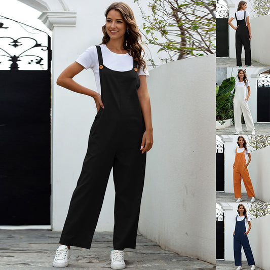 Women's Casual Long Overalls Loose Straight Bib Pants Fashion Jumpsuit With Pockets