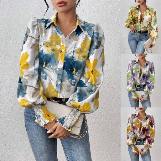 European And American Lapel Print Smocking Long Sleeve Button Loose Casual Women's Shirt