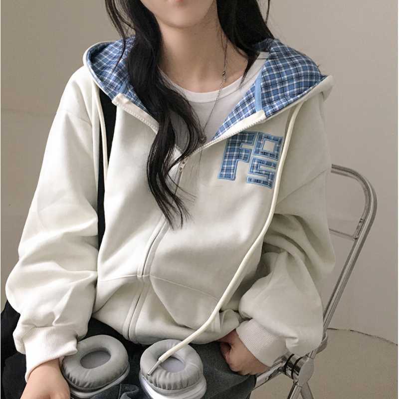 Koreansk stil efterår, nye maskinbroderede bogstaver, retro ternet lynlåstrøje