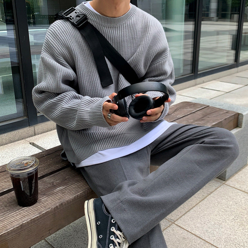 Lazy Style Solid Color Round Neck Long-sleeved Pullover Sweater