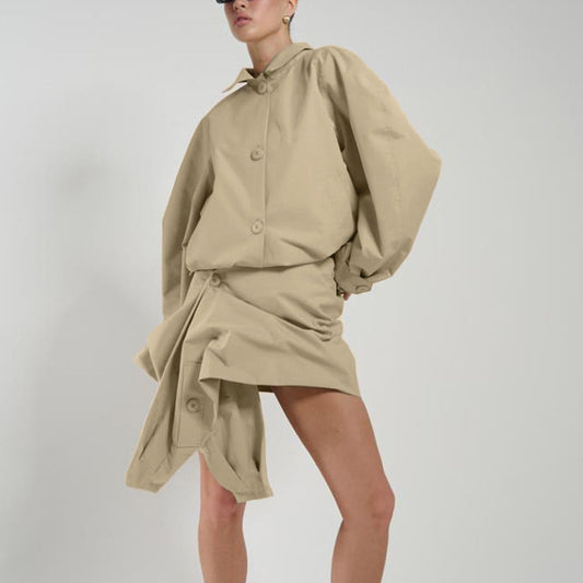 Notched-collar Long-sleeve Shirt And Asymmetrical Hem Skirt Set