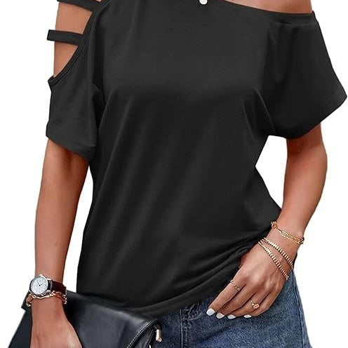 Womens Fashionable New Off-shoulder Asymmetrical Hollow-out Casual Short-sleeve Top