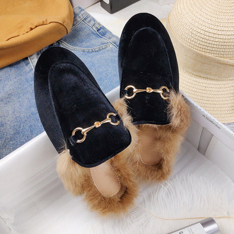 Rabbit Fur Fleece Toe Half Slippers Women All Match Flat Bottom