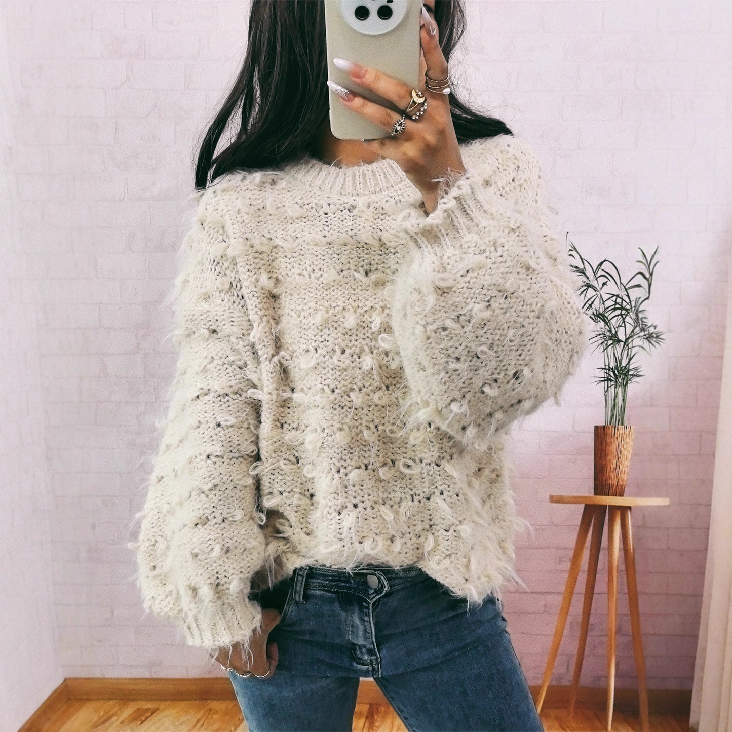 Casual Thickening Knitted Solid Color Round Neck Loose Sweater For Women