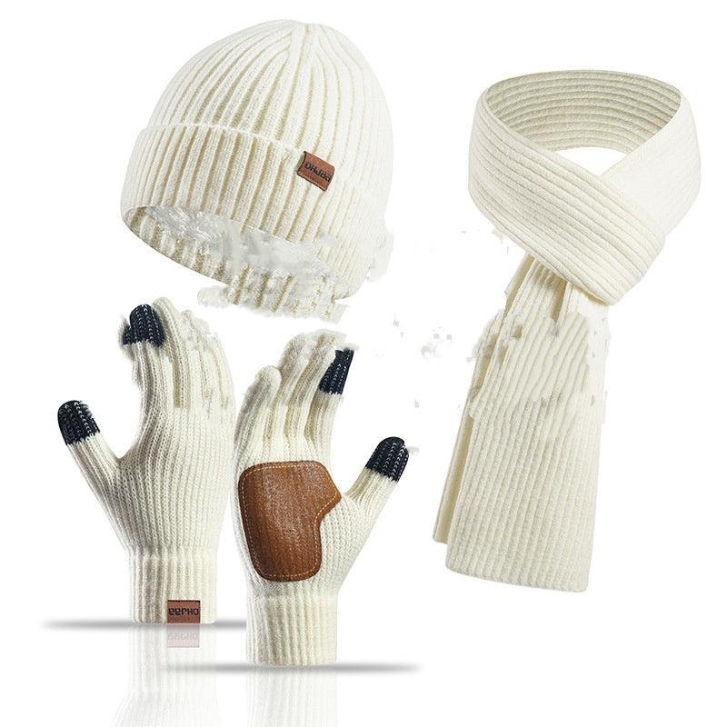 Winter Women's Wool Hat Scarf Gloves Plus Leather Non-slip Three-piece Set